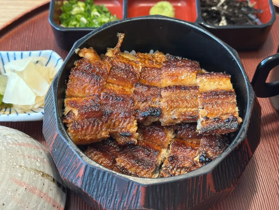 Eel and rice eaten plain in a small bowl