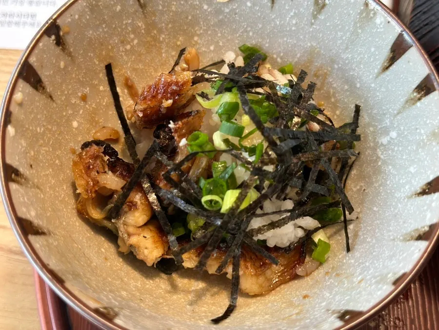 Eel rice bowl topped with wasabi