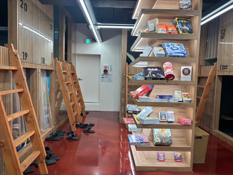 Shelves displaying board games
