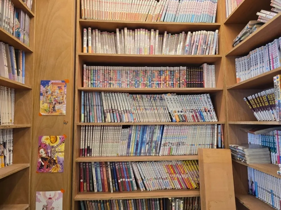 Bookshelf display of manga print volumes