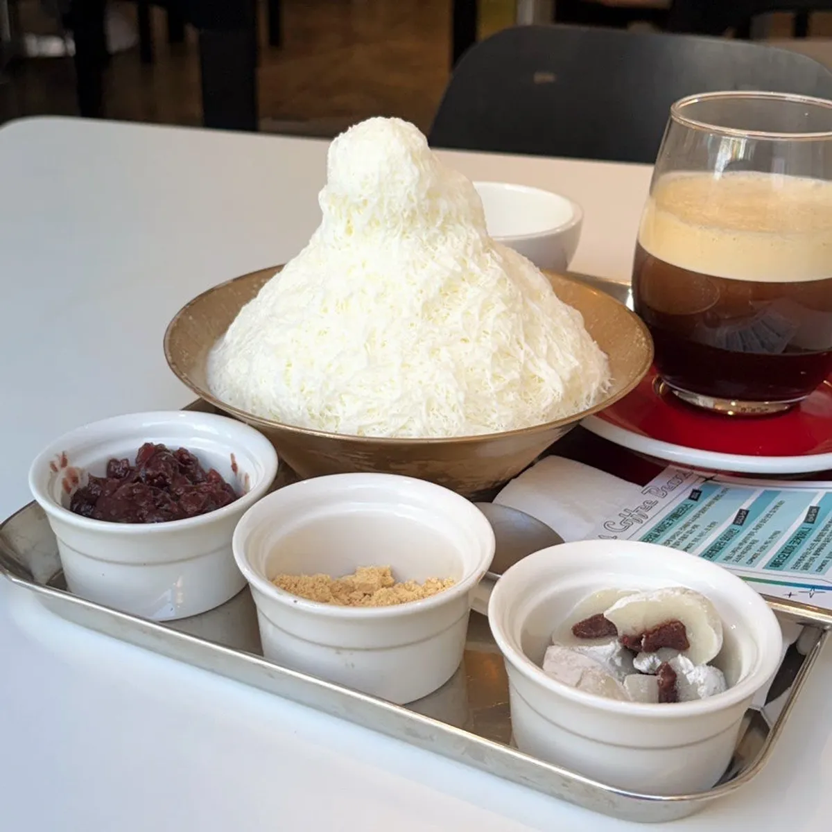 Wonz Coffee snowflake red bean bingsu with iced coffee
