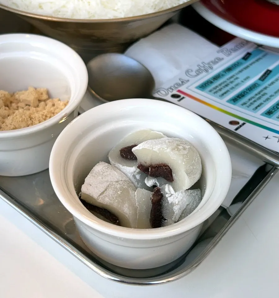 A piece of rice cake placed on top of the bingsu