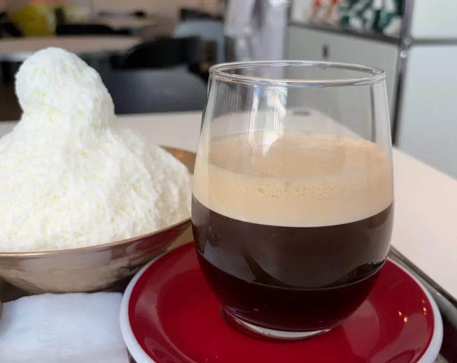 Brazil Cerrado iced coffee next to the bingsu