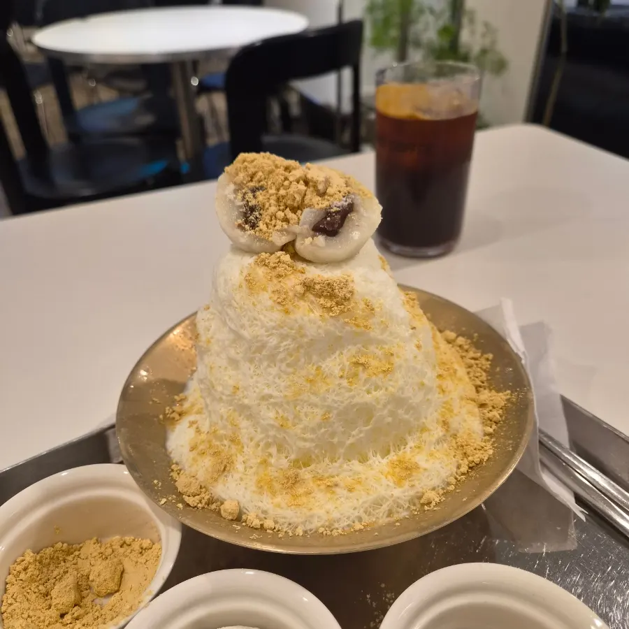 Grand Park snowflake red bean bingsu with injeolmi powder and red beans served separately