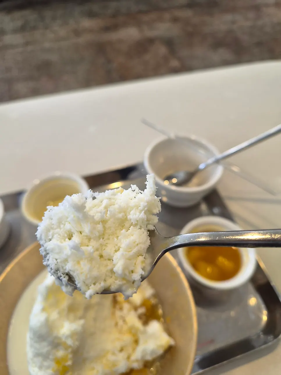Close-up of finely shaved milk bingsu