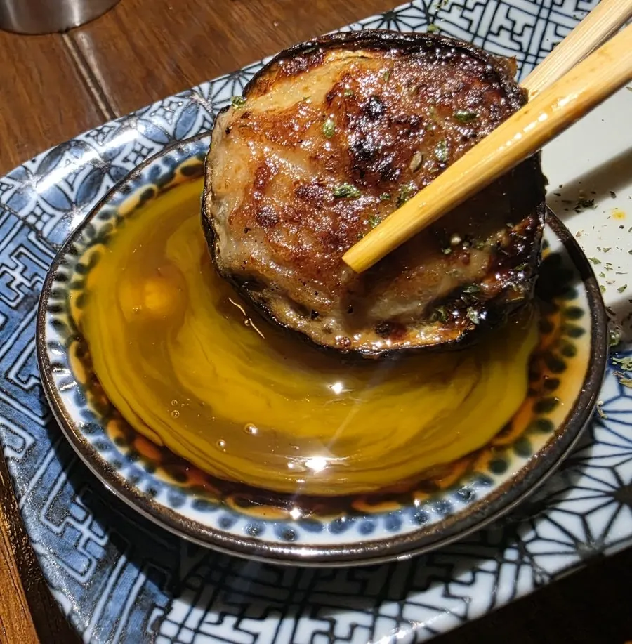 Eggplant-chicken skewer ordered with soy sauce