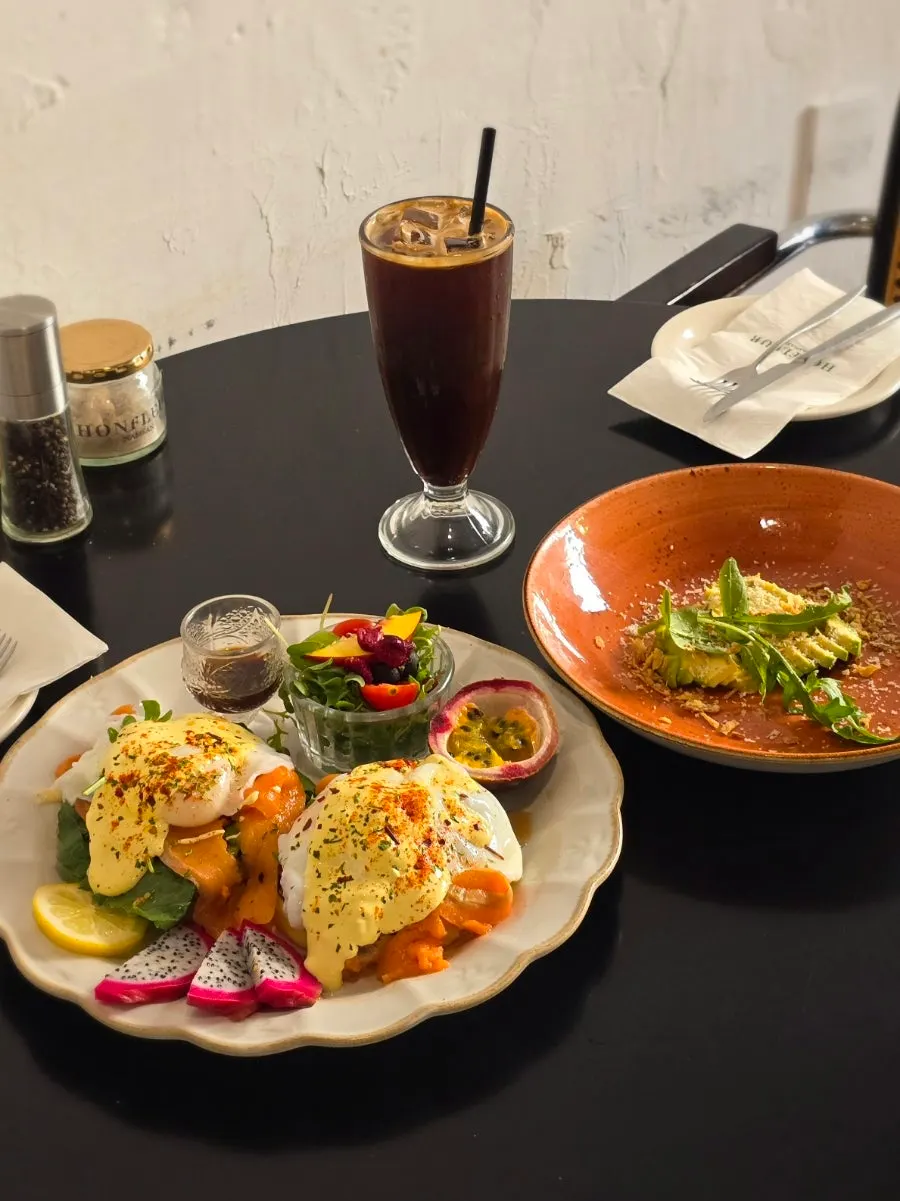 Brunch plate served with iced Americano