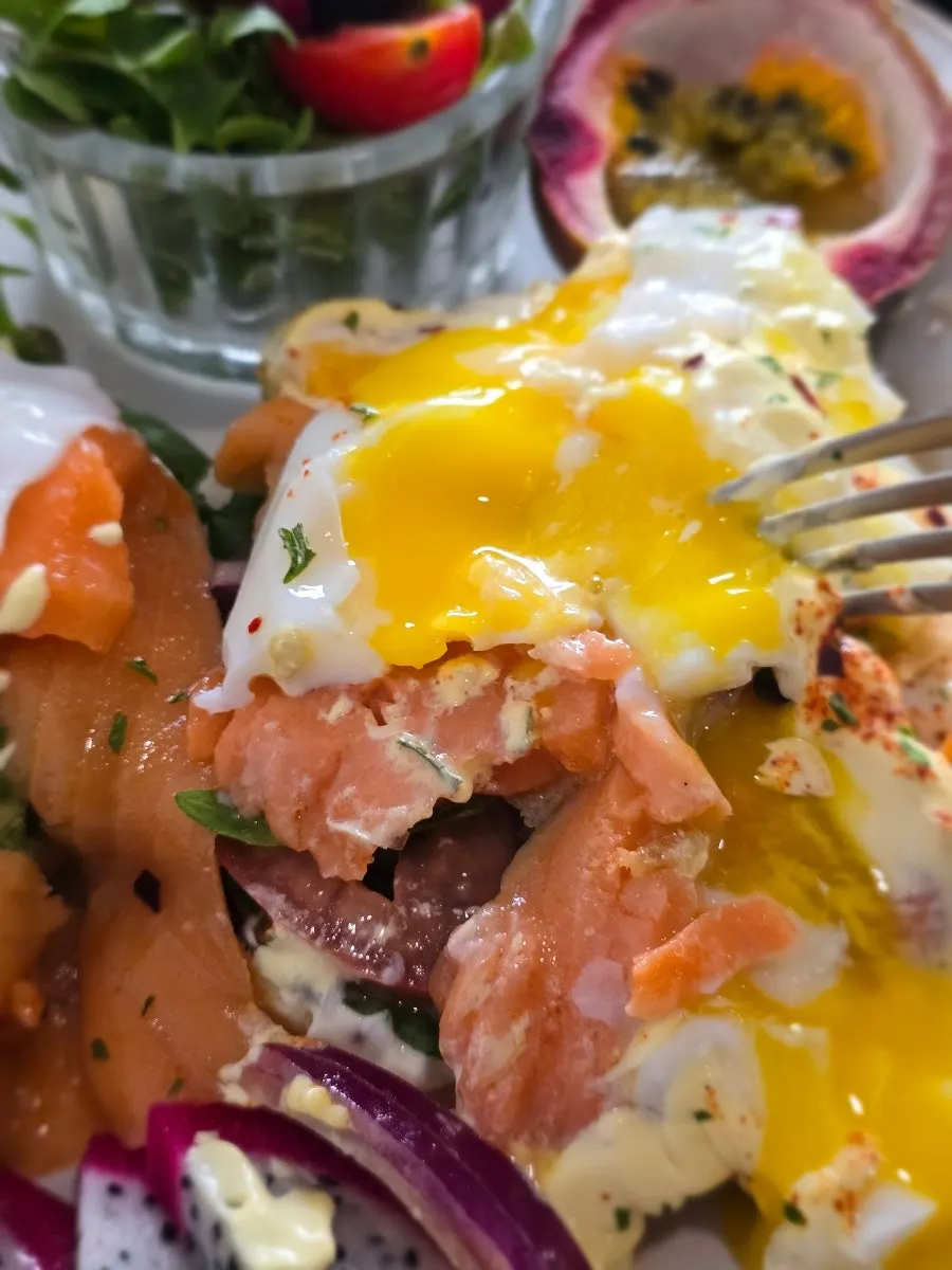 A bite of brunch topped with smoked salmon