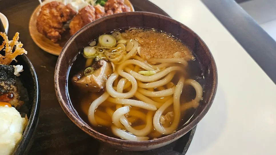 Chewy noodles visible in the mini udon broth