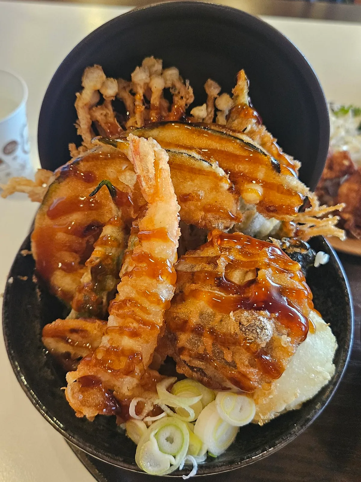 Tendon topped with shrimp and vegetable tempura