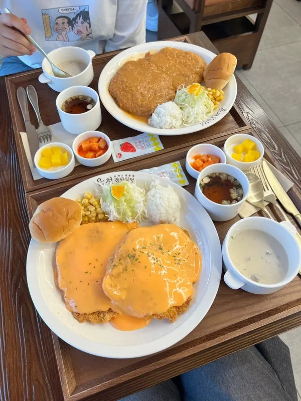 Plate with two pork cutlets served alongside rice and morning bread