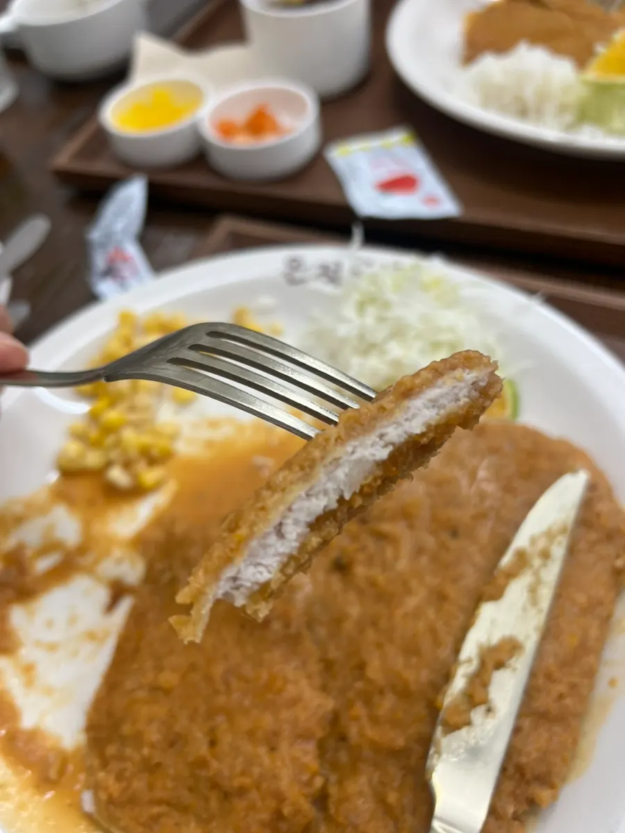 썰어 놓은 돈까스 단면