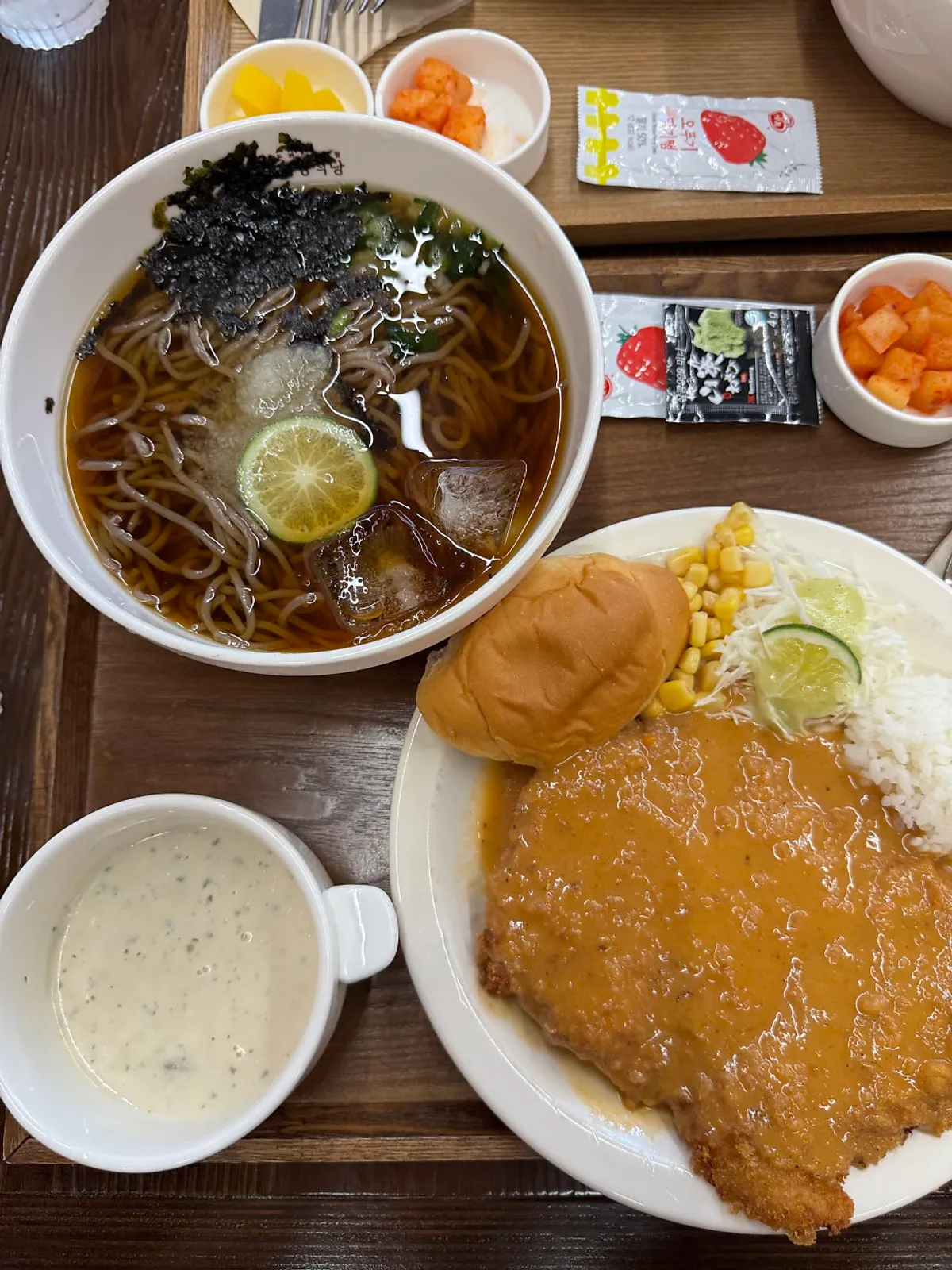 Full spread of soba and classic pork cutlet set