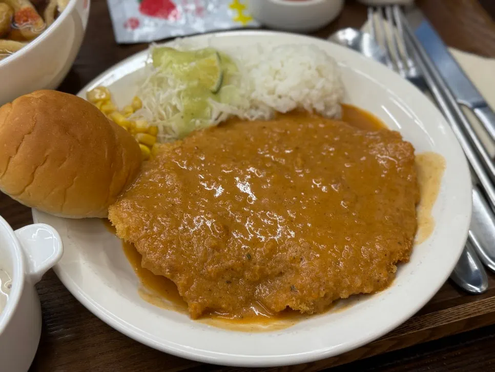 Tray with pork cutlet, udon, rice, and salad