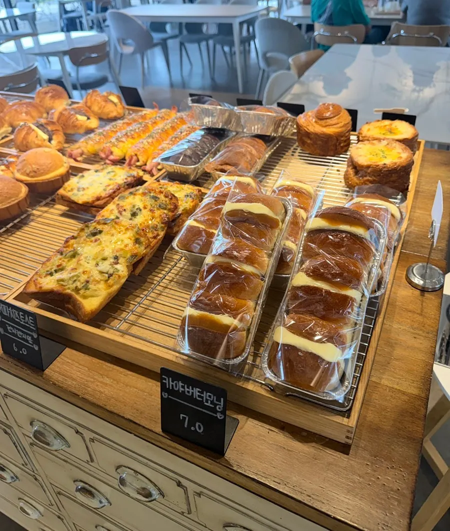 Bread items on display at the On the Rail bakery counter