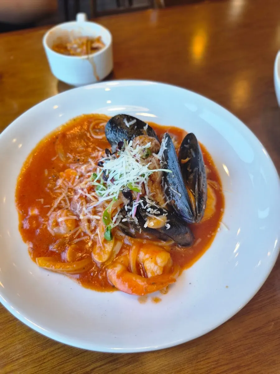 Seafood tomato pasta loaded with seafood
