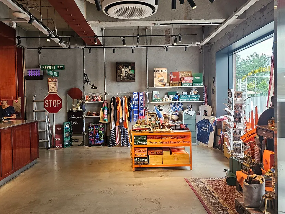 Props and seating area inside Orange Bagel