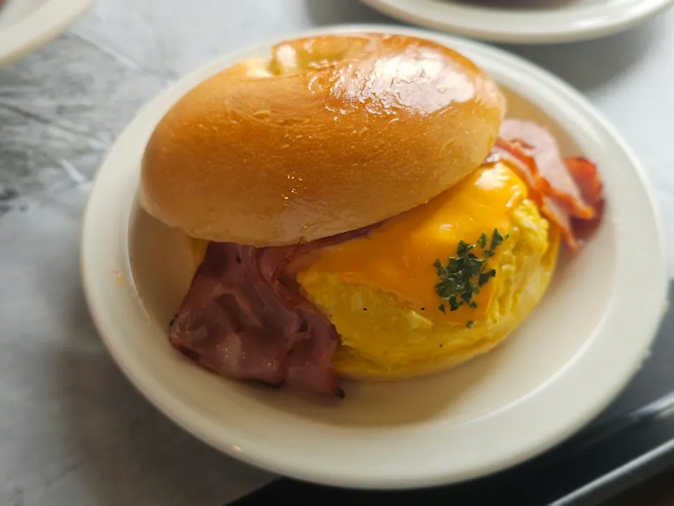 Bacon egg mayo bagel at Orange Bagel