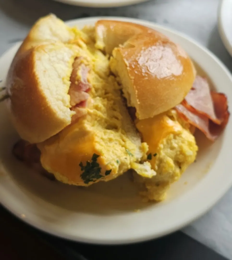 Filling inside the bacon egg mayo bagel