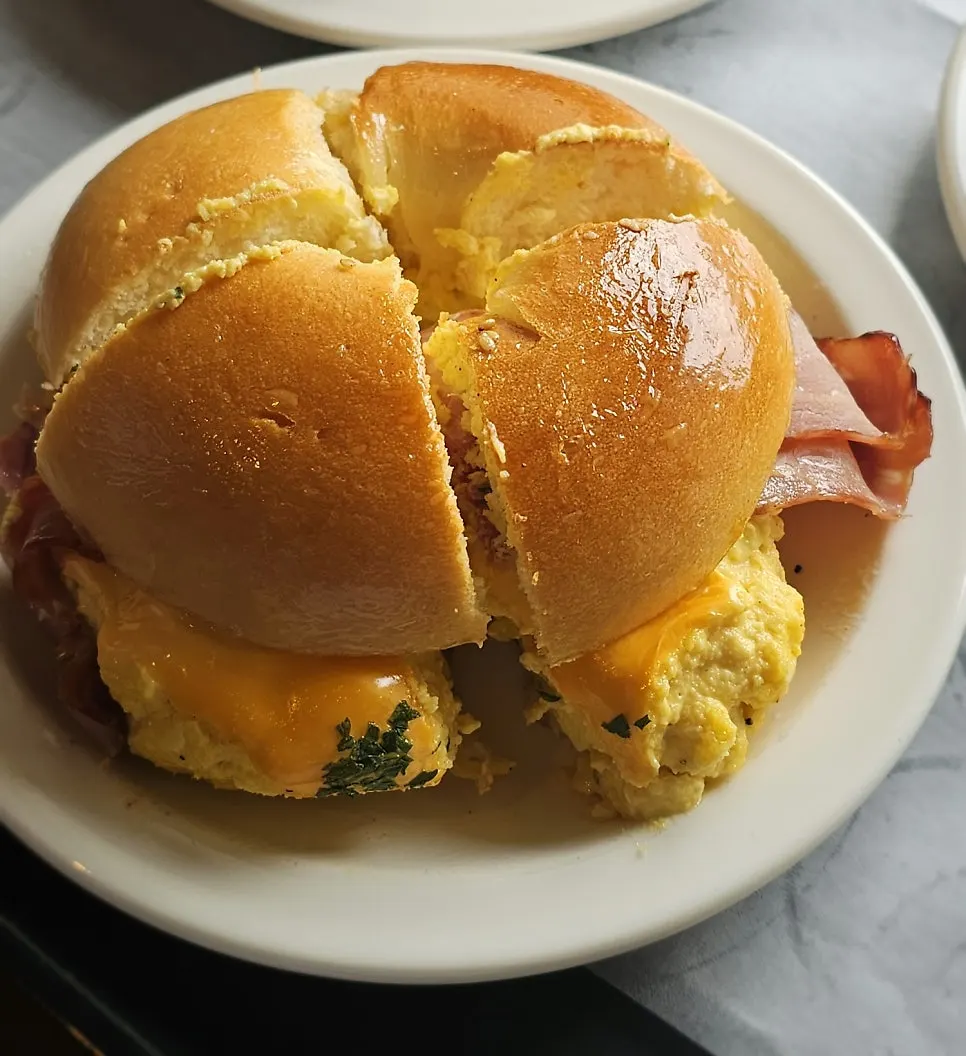 Close-up of the bacon egg mayo bagel
