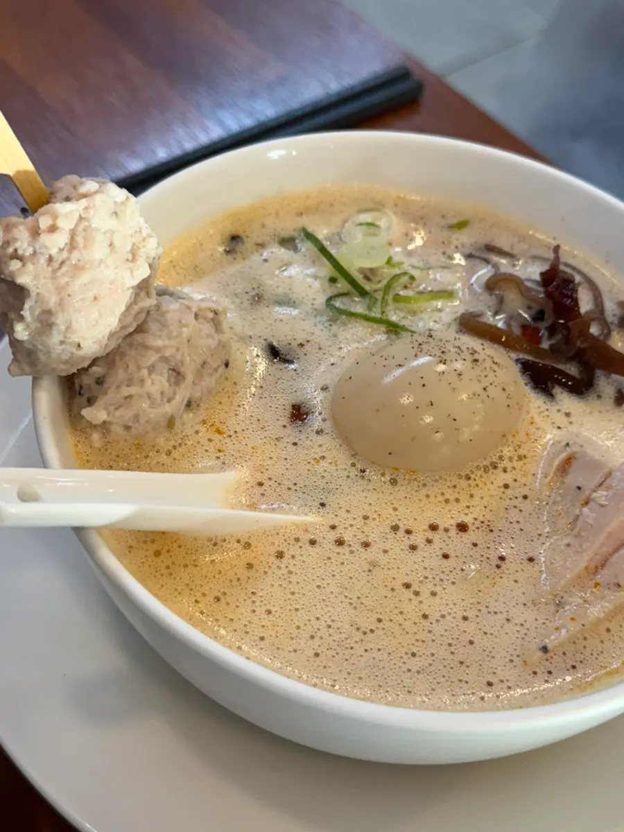 Close-up of the milky chicken broth ramen soup