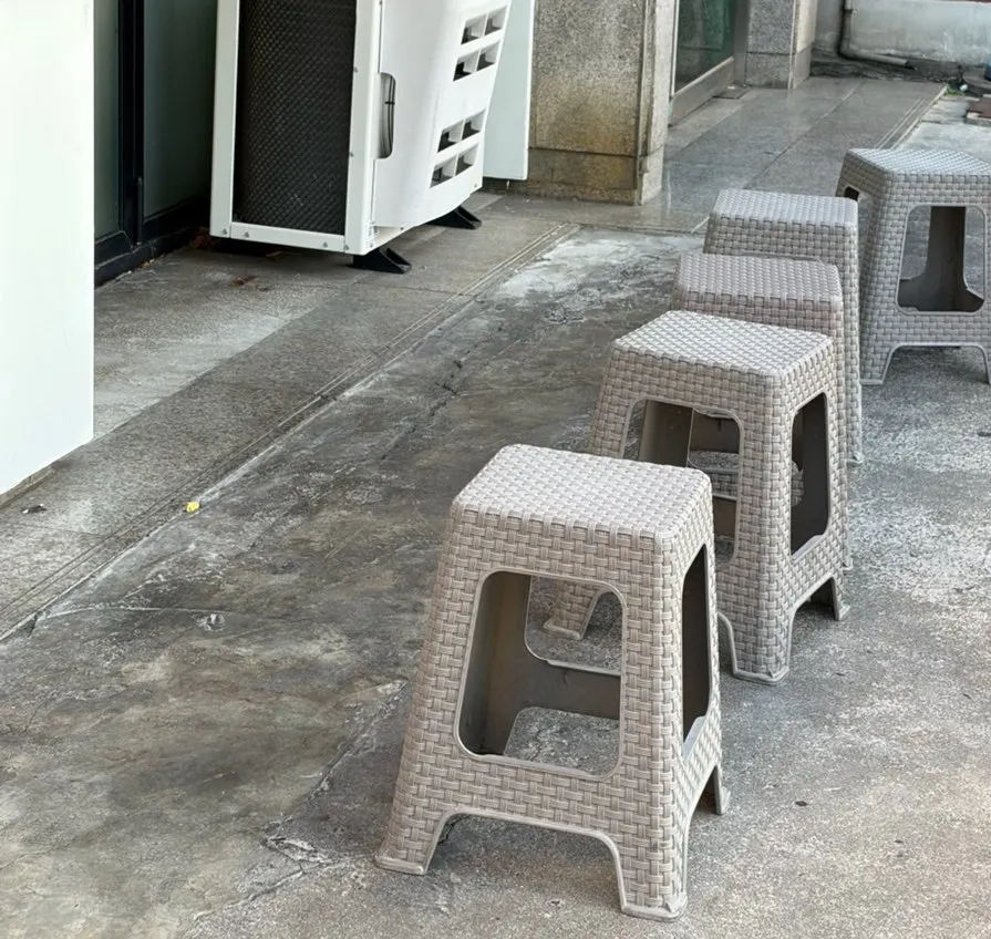 Waiting area chairs overlooking Bulgwangcheon at Oreno Ramen