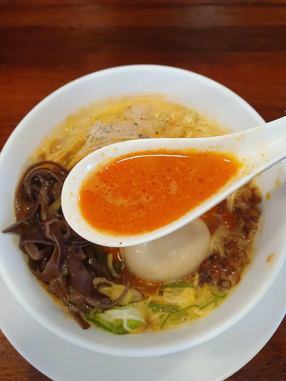 A bowl of red-broth karai paitan ramen