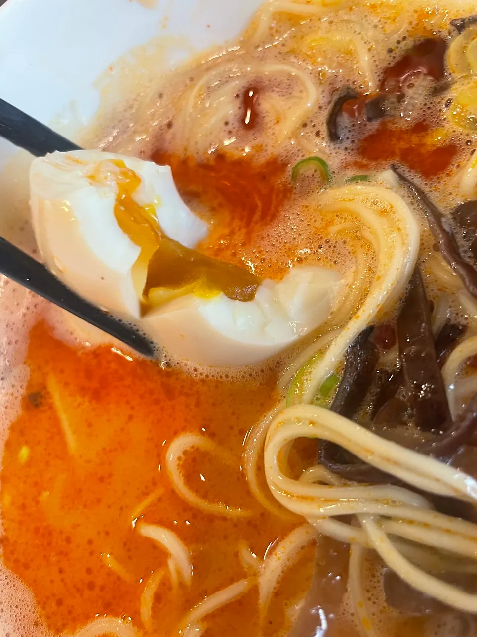 Close-up of the rich ramen broth