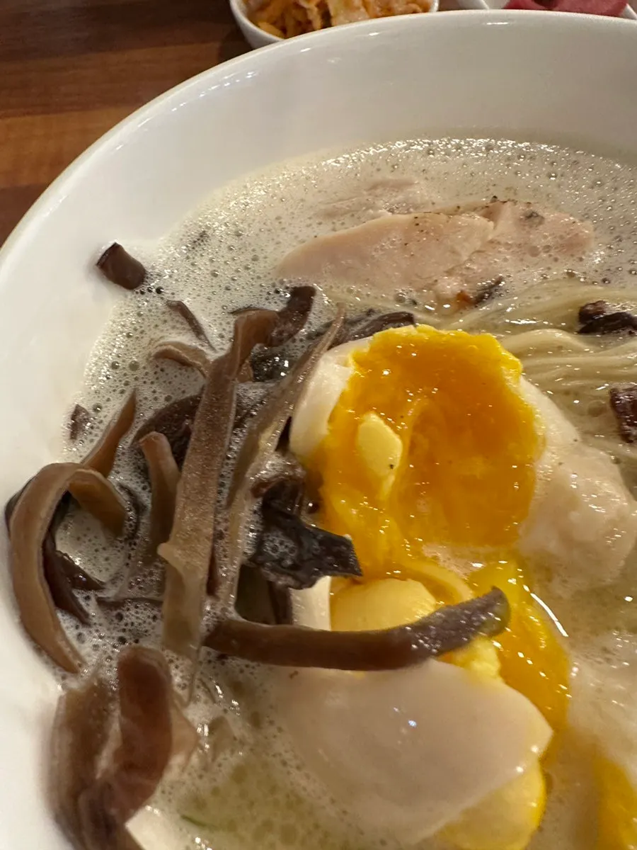 Lifting up noodles from the tori paitan ramen