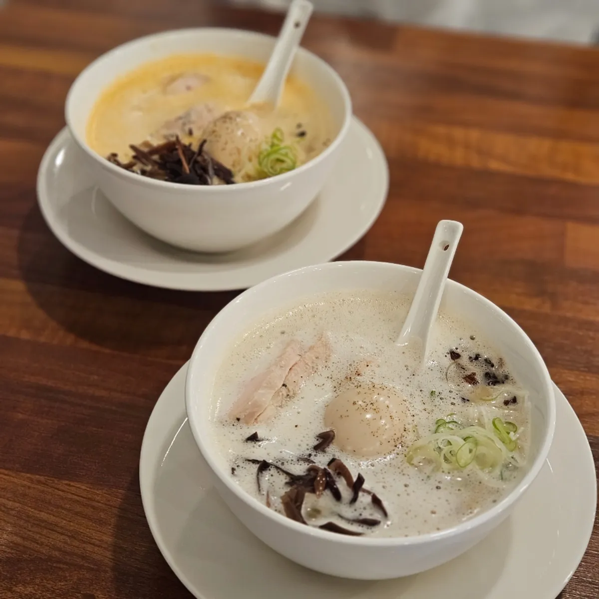 A bowl of Oreno Ramen's rich chicken broth tori paitan