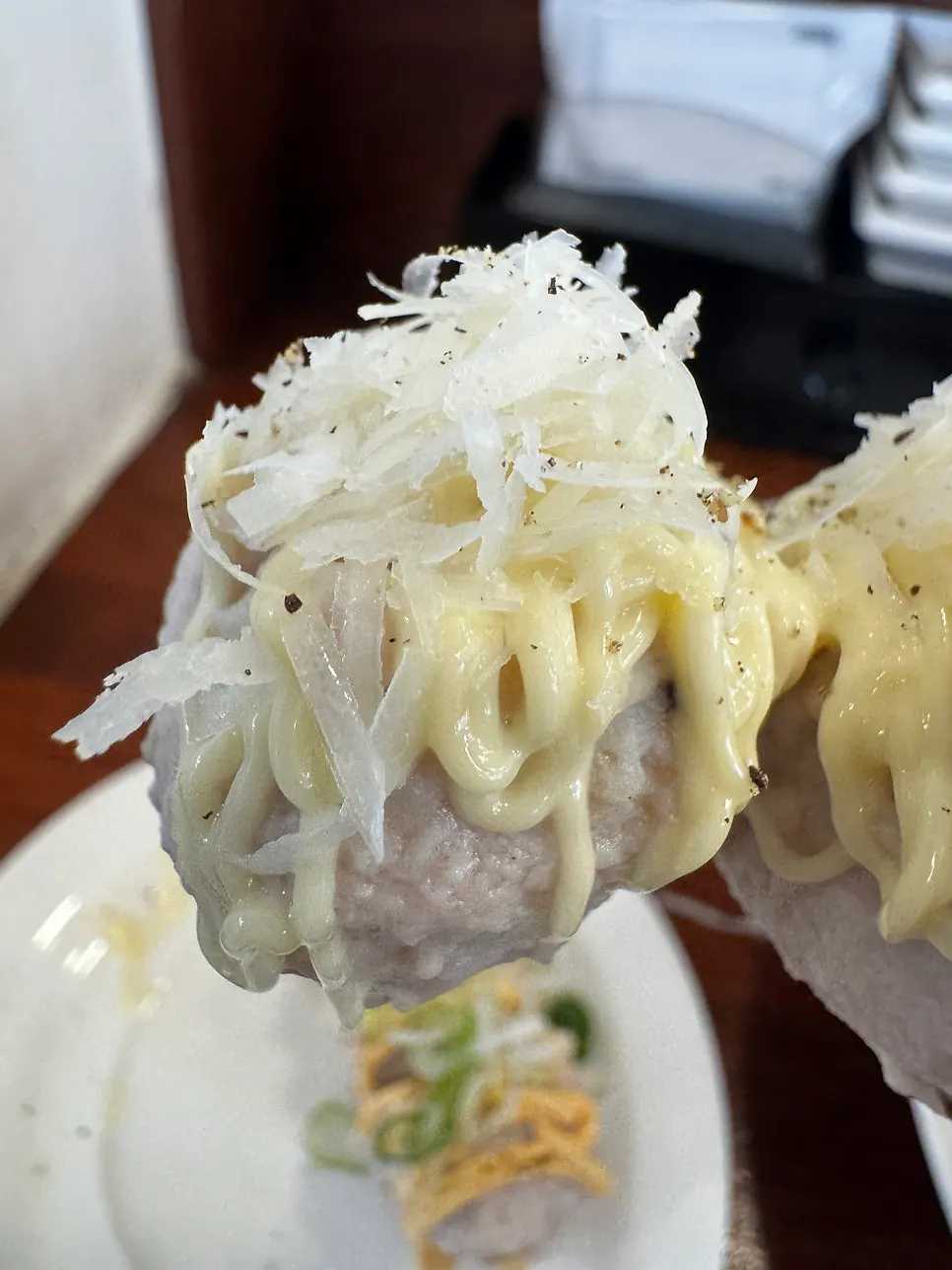 A cross-section of tsukune cut into bite-size pieces