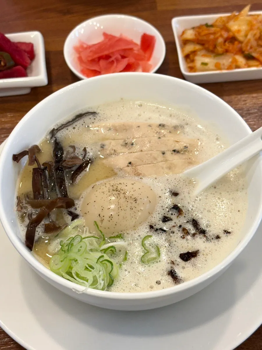 Close-up of tori paitan toppings and broth