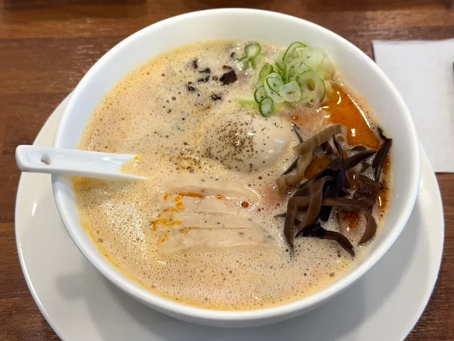 Reddish, spicy kara paitan broth