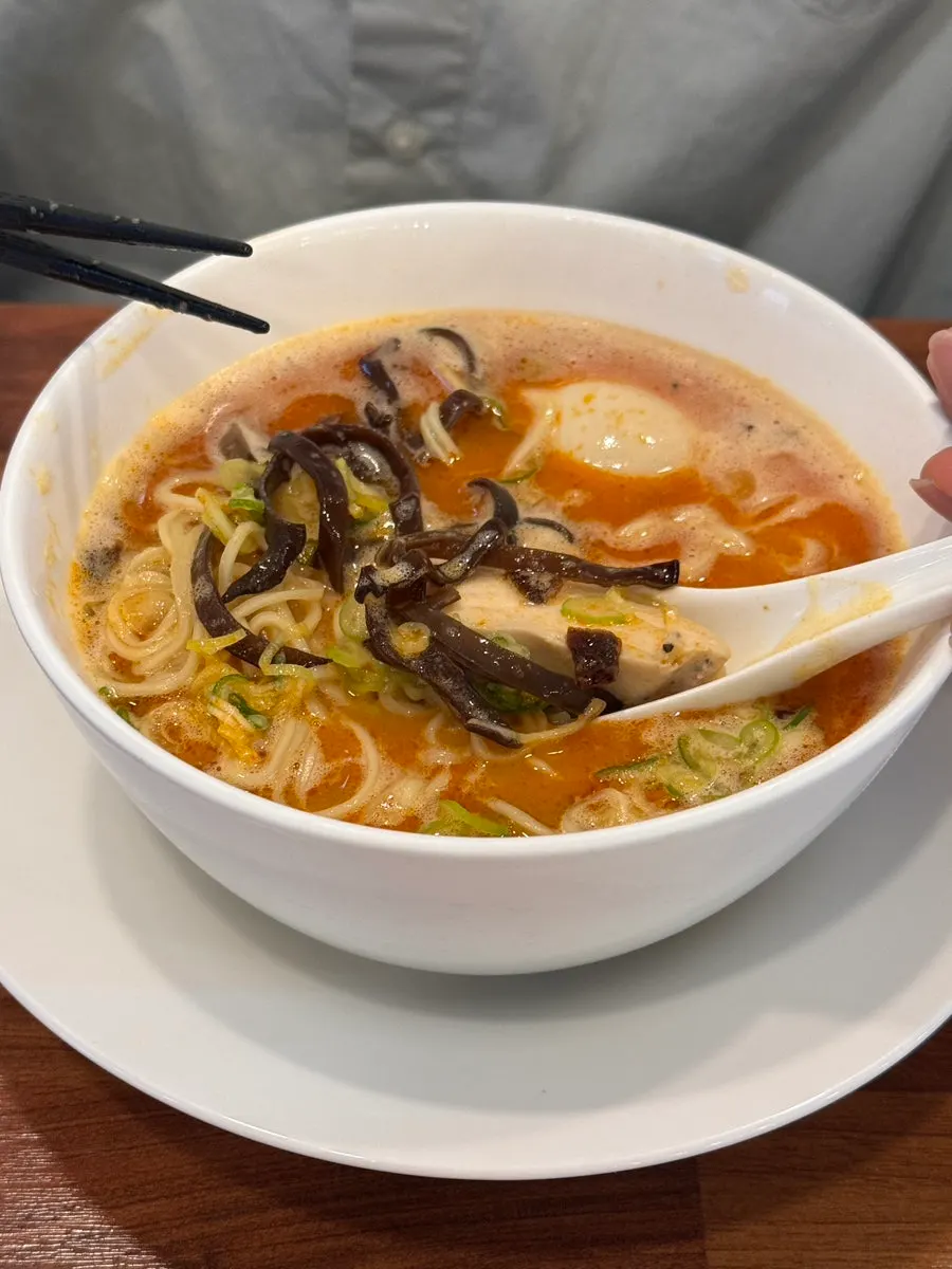 Close-up of kara paitan broth and noodles