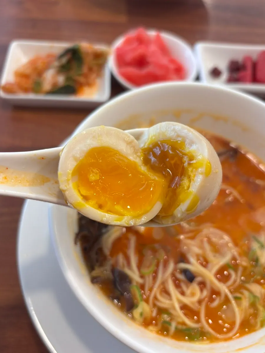 Cross-section of the soft-boiled egg in the ramen