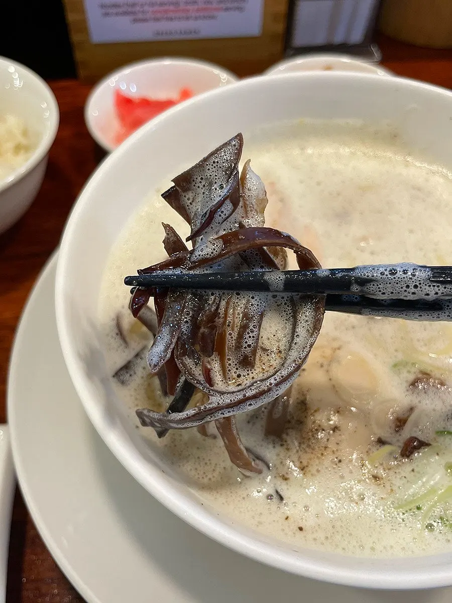 라멘 위에 올라간 채썬 목이버섯 고명