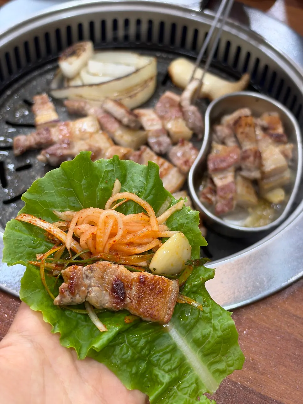 Mushrooms grilled alongside the meat