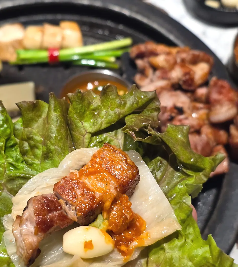 Close-up of fully cooked Korean pork belly