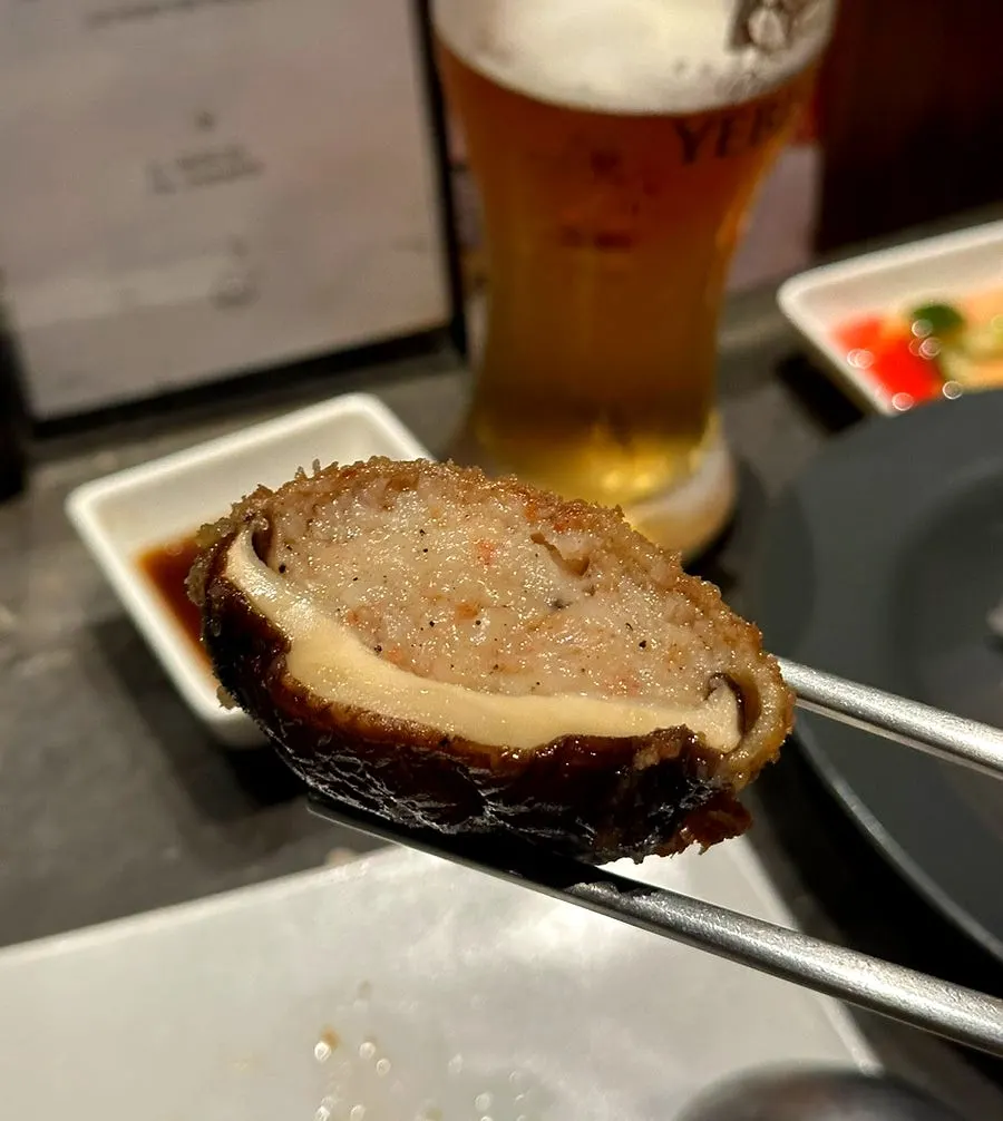 Fried shiitake mushrooms stuffed with minced shrimp