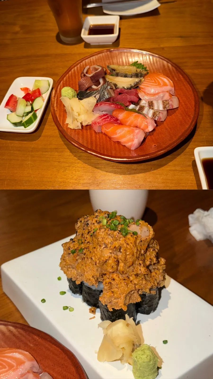 Cena de sashimi y ankimo maki en Orot Robata
