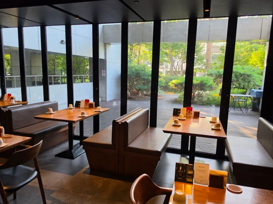Dining hall with wood tables