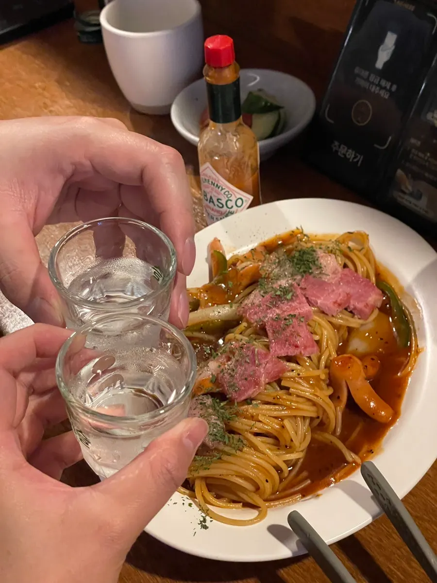 Thick chunk of bacon on the Neapolitan pasta