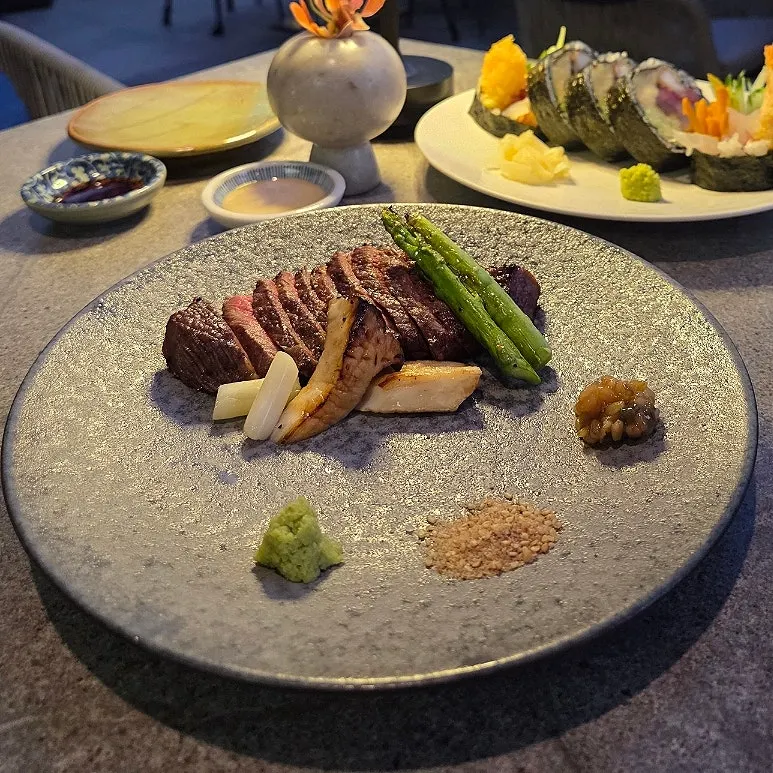 A plate of Korean beef striploin steak at Osa Cheongdam