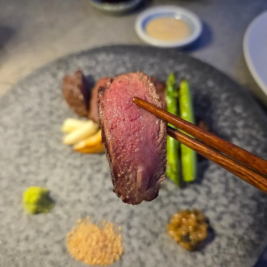 Cross-section of sliced Korean beef striploin steak