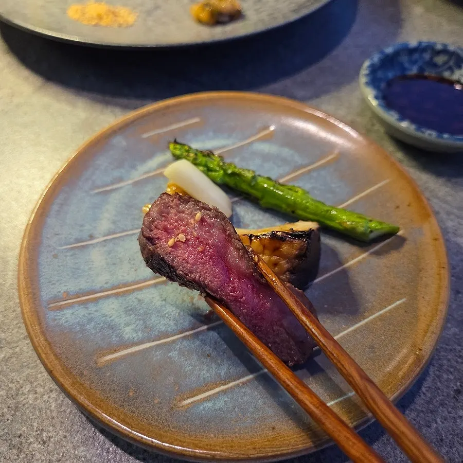 Close-up of a piece of Korean beef striploin steak