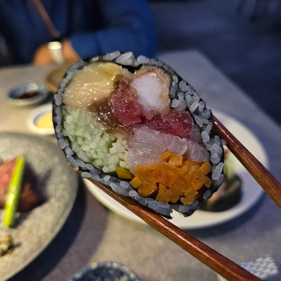 Cross-section of futomaki with fried shrimp and tuna