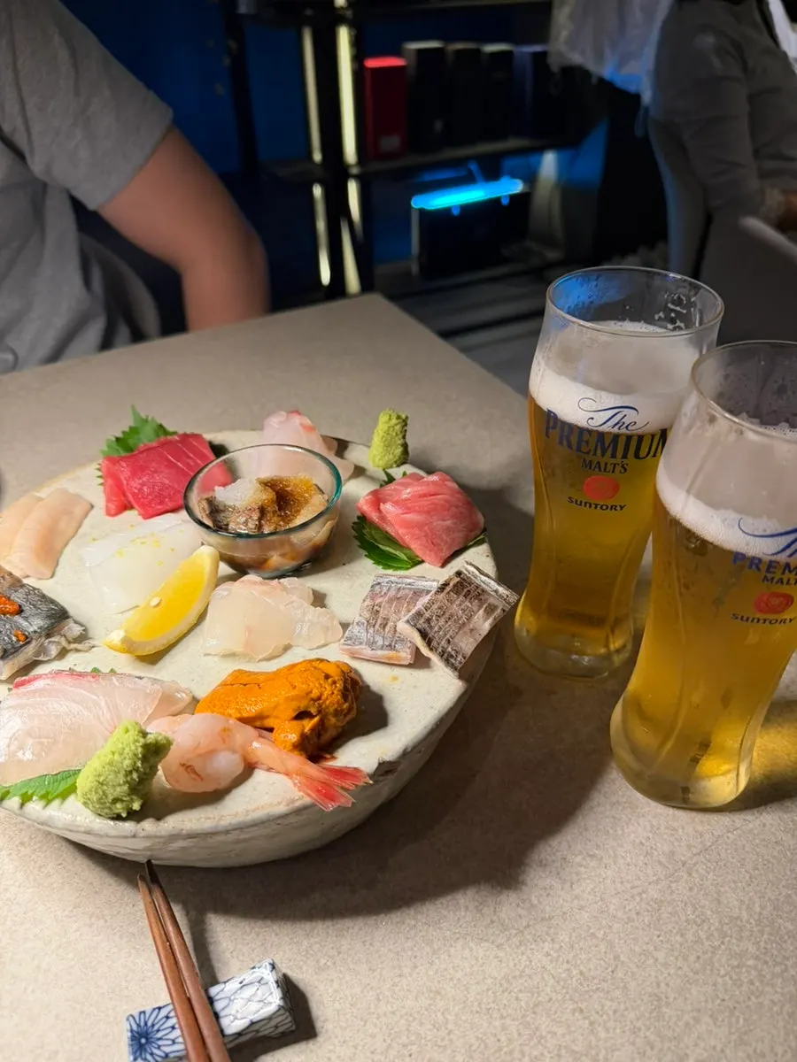 Sashimi moriawase with tuna, white fish, and shrimp