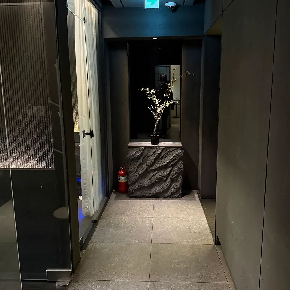 Dark interior corridor decorated with natural stone and moss