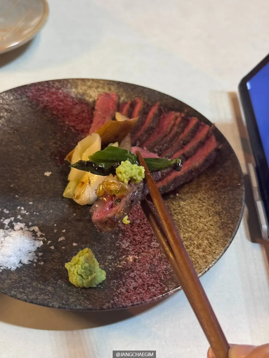 A well-cooked bite of hanwoo sirloin steak