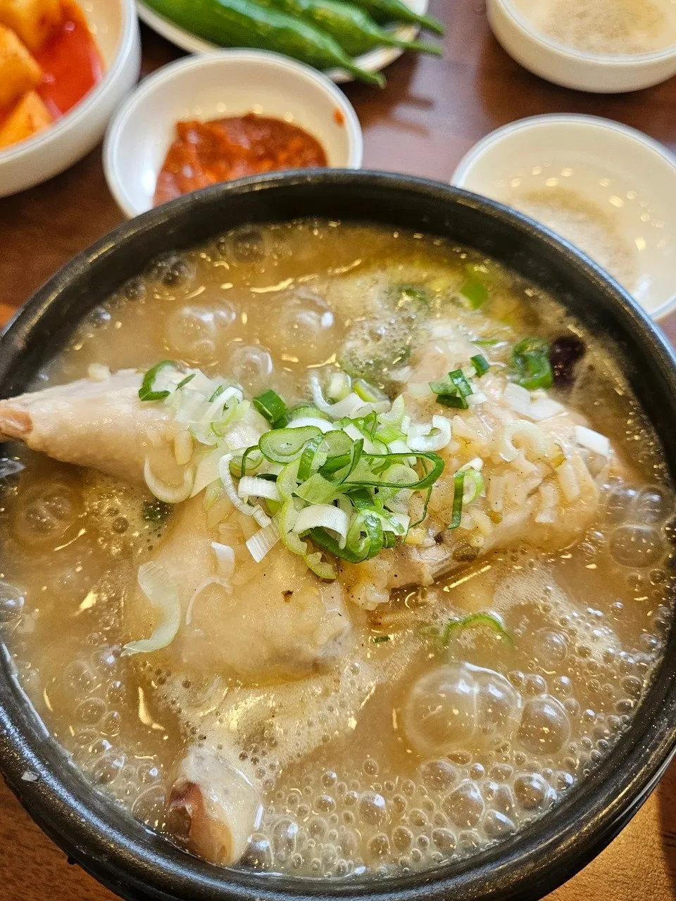Herbal mung bean samgyetang with a whole chicken in the bowl